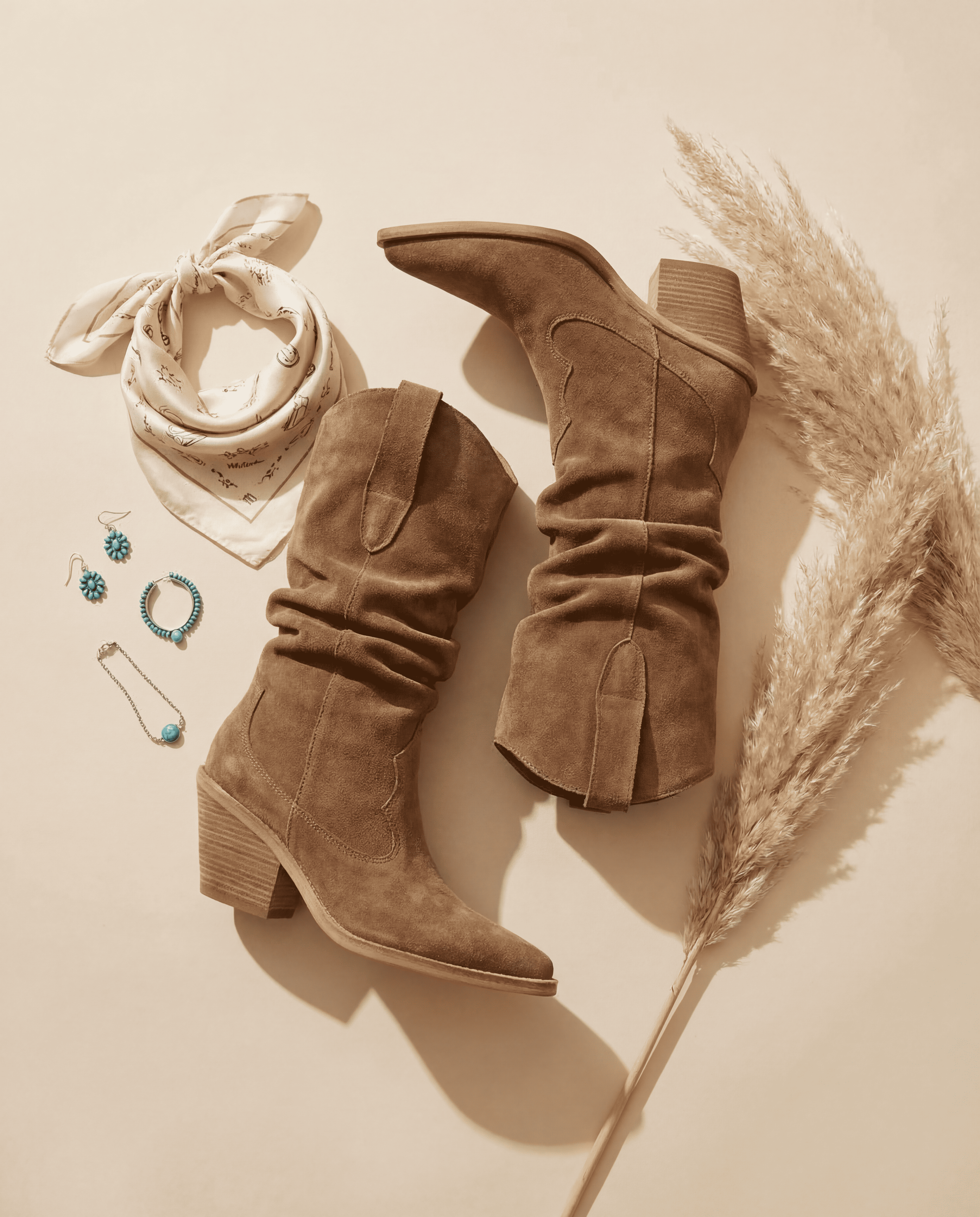 SANDRA Suede Cowboy Boots — Beige