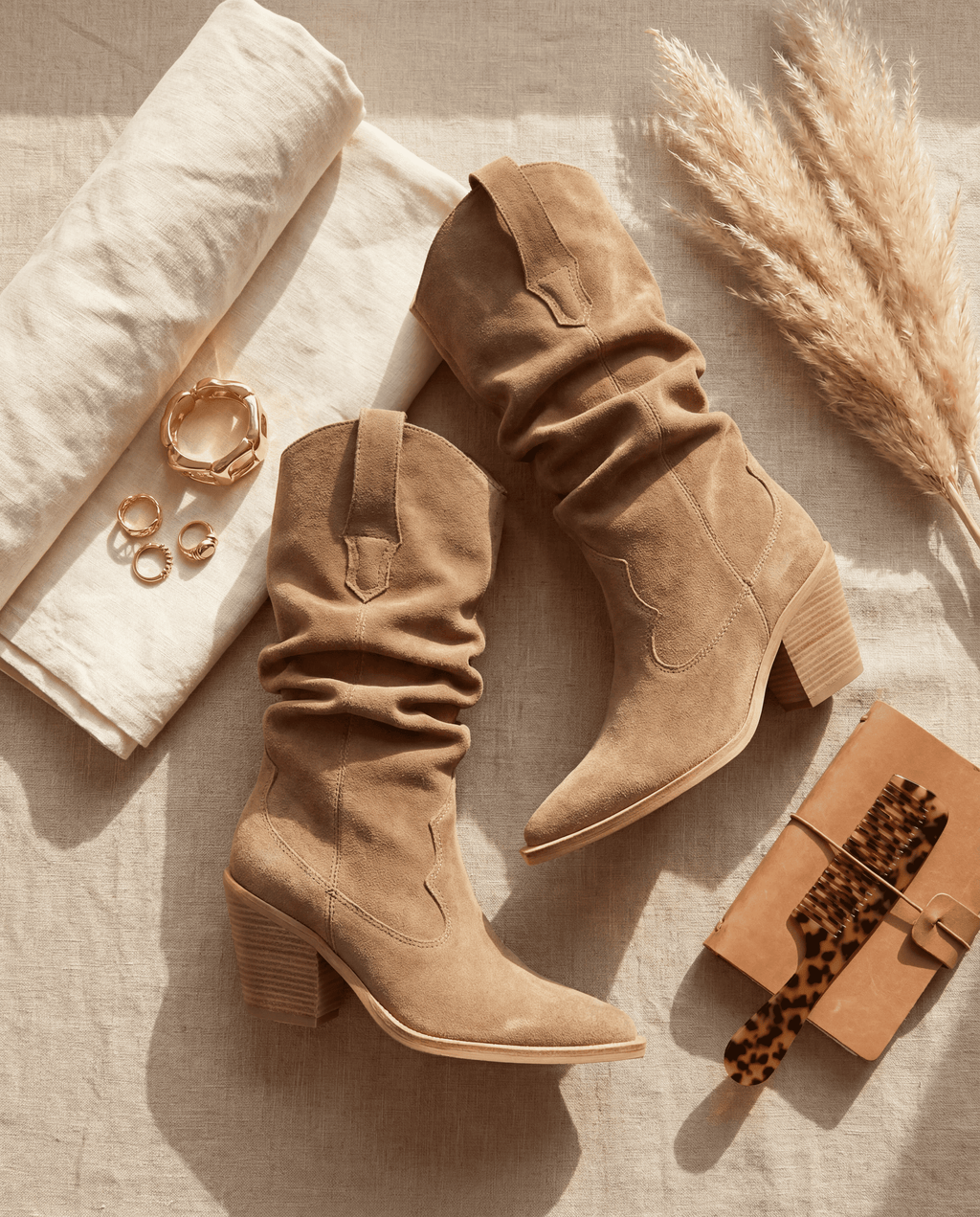 SANDRA Suede Cowboy Boots — Beige
