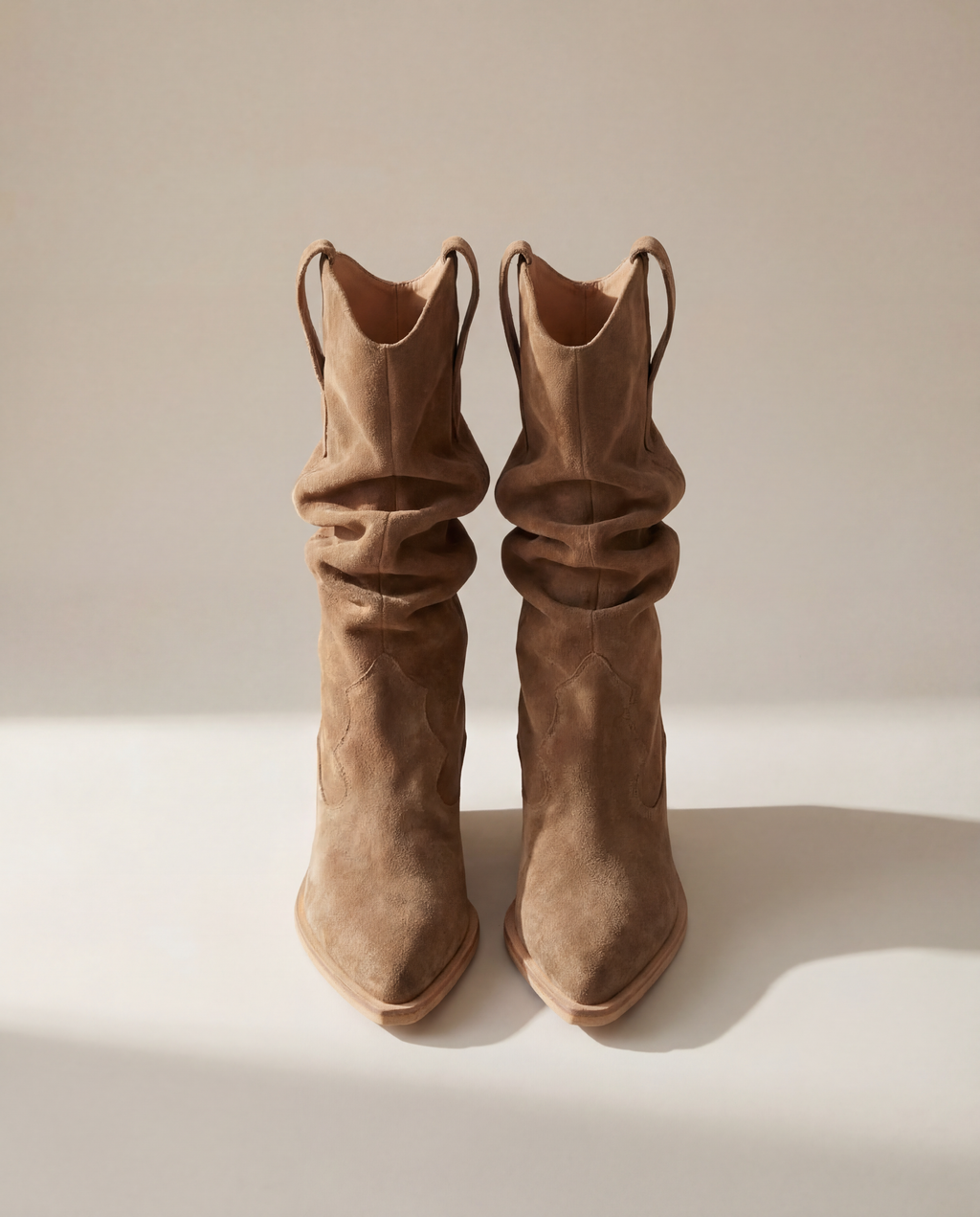 SANDRA Suede Cowboy Boots — Beige