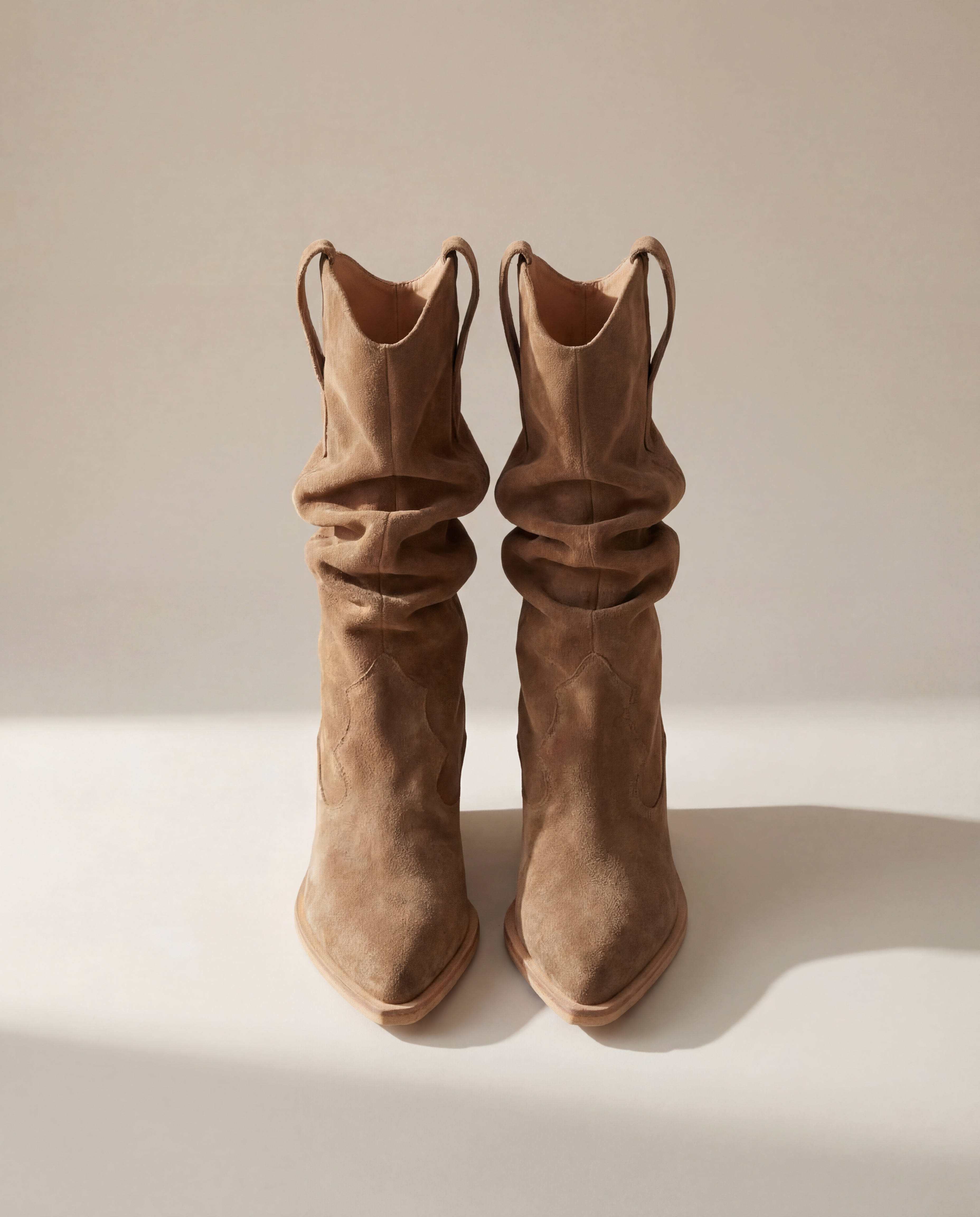 SANDRA Suede Cowboy Boots — Beige