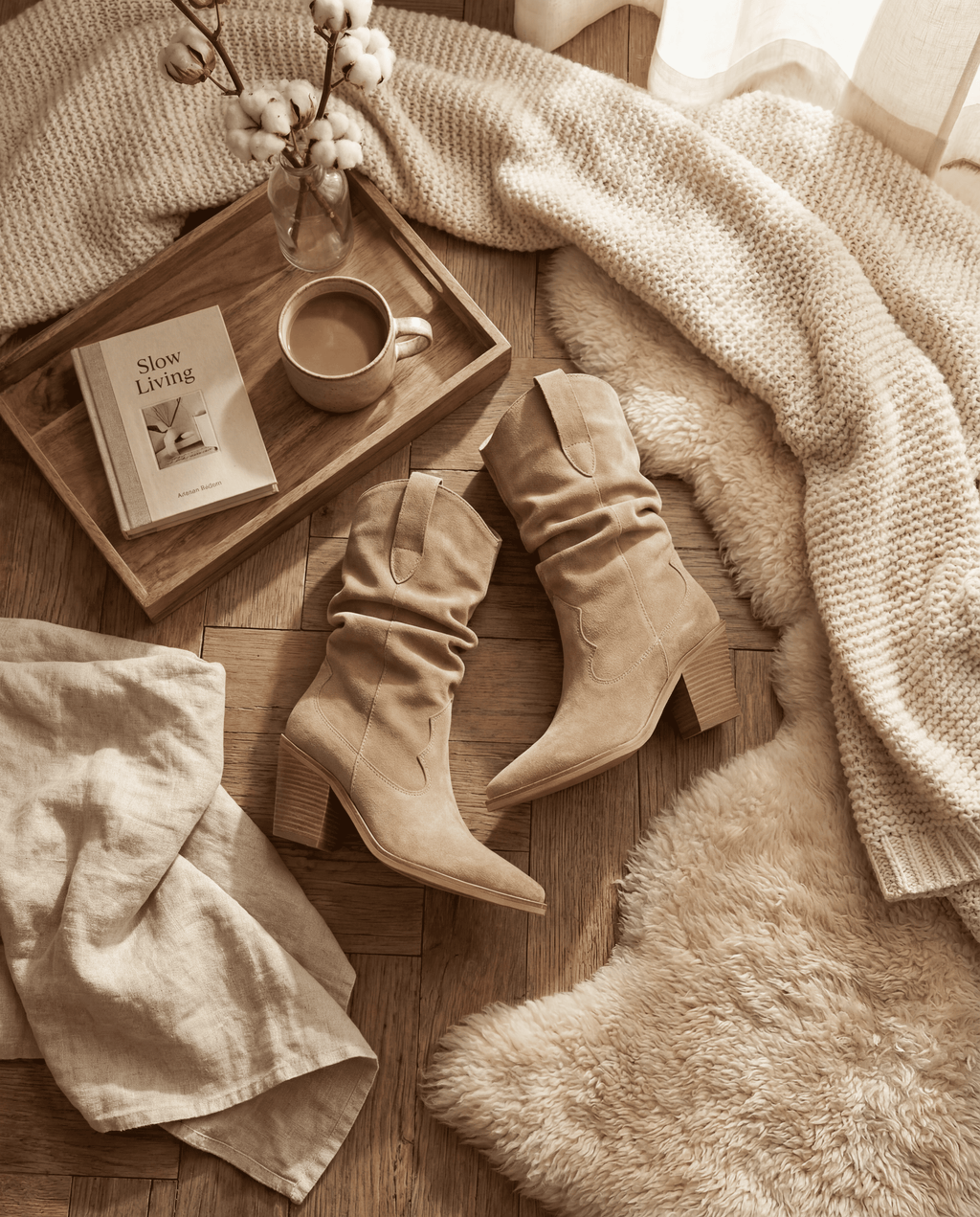SANDRA Suede Cowboy Boots — Beige
