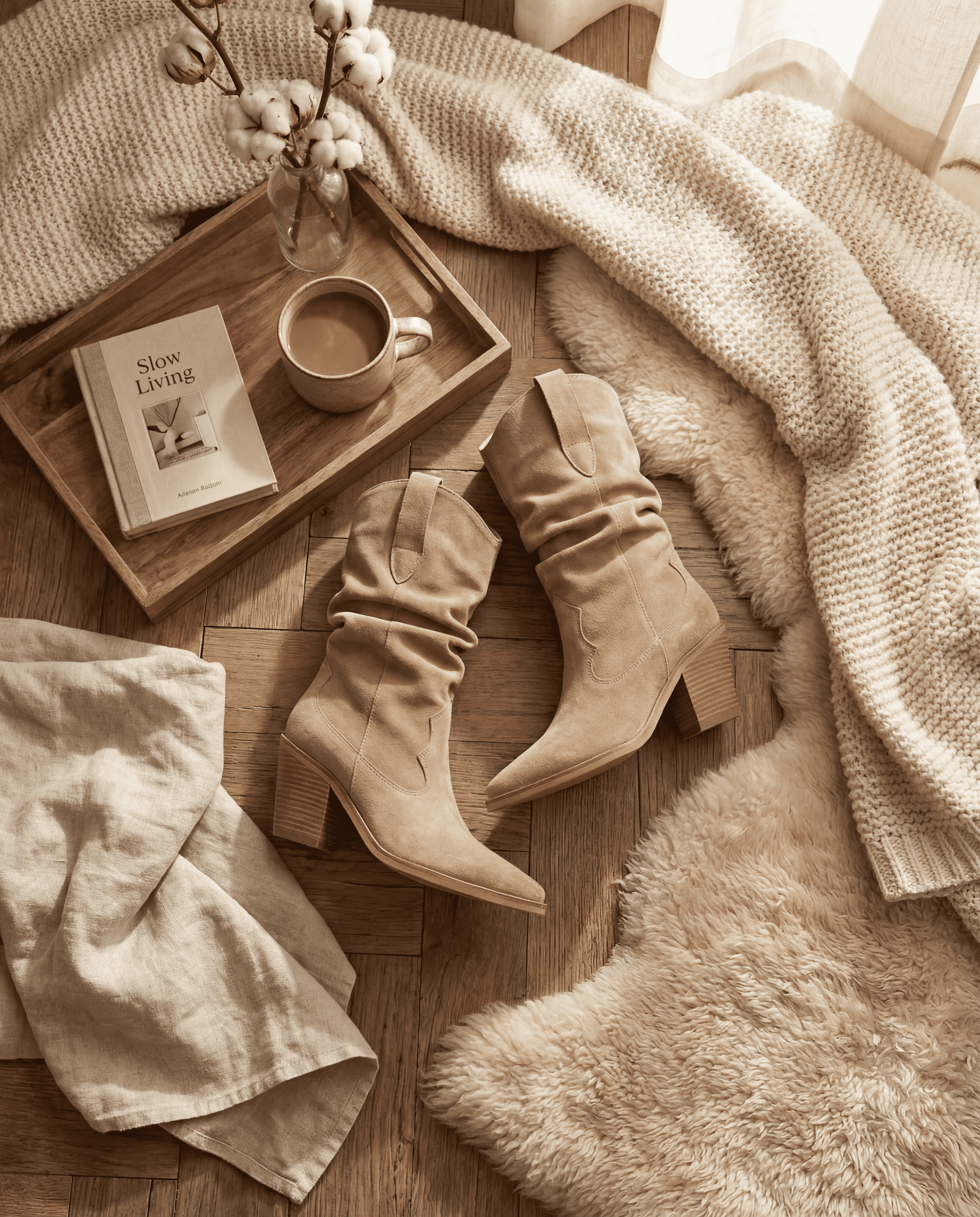 SANDRA Suede Cowboy Boots — Beige