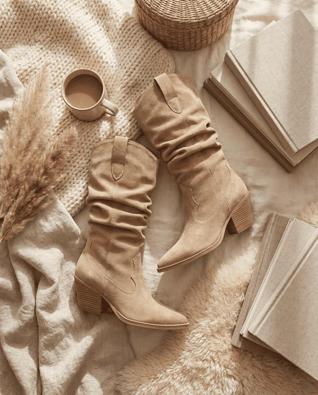 SANDRA Suede Cowboy Boots — Beige