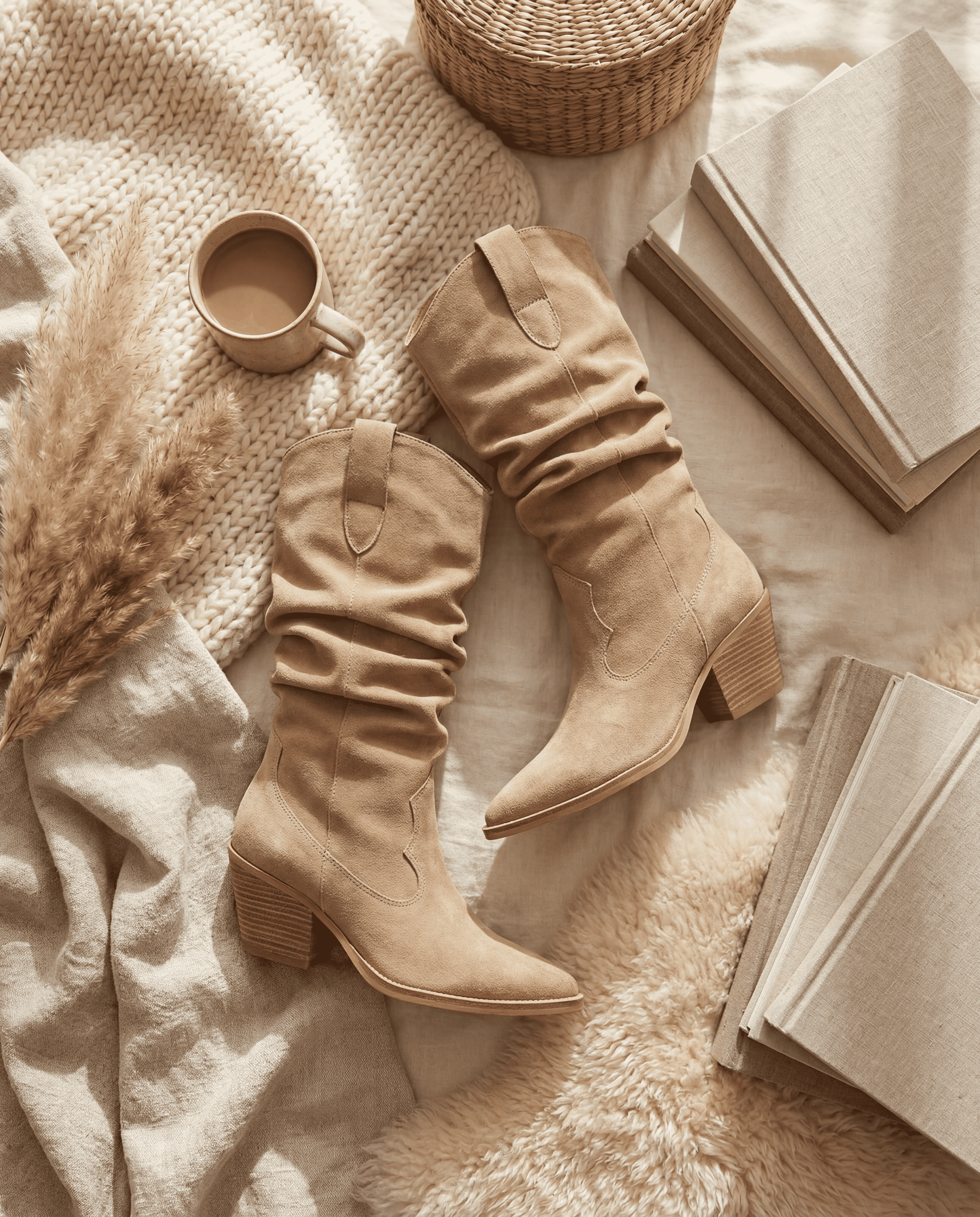 SANDRA Suede Cowboy Boots — Beige