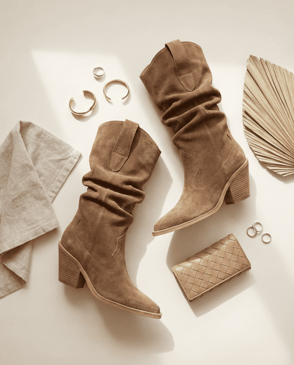 SANDRA Suede Cowboy Boots — Beige
