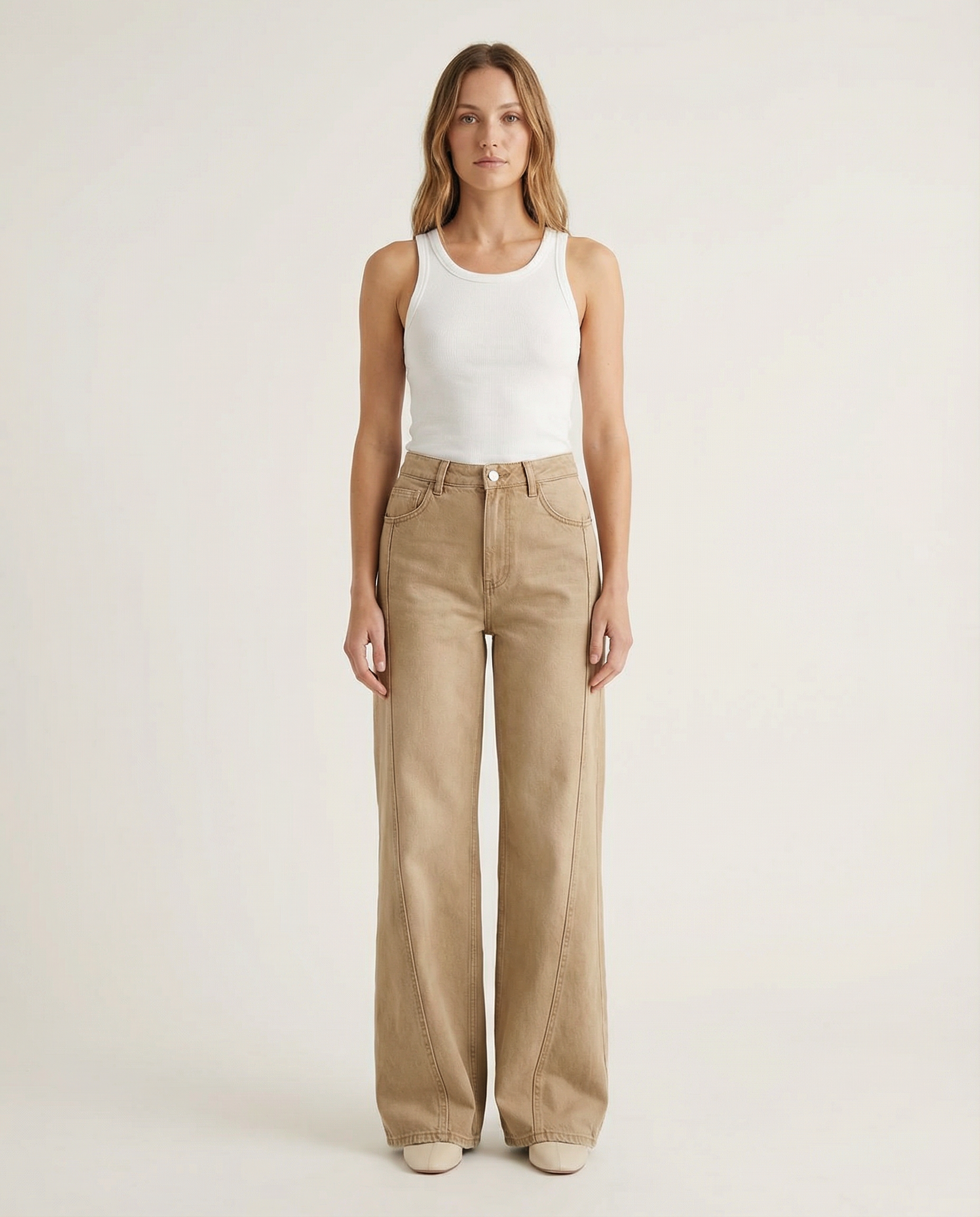 Wide-Leg Beige Jeans with Front Seam