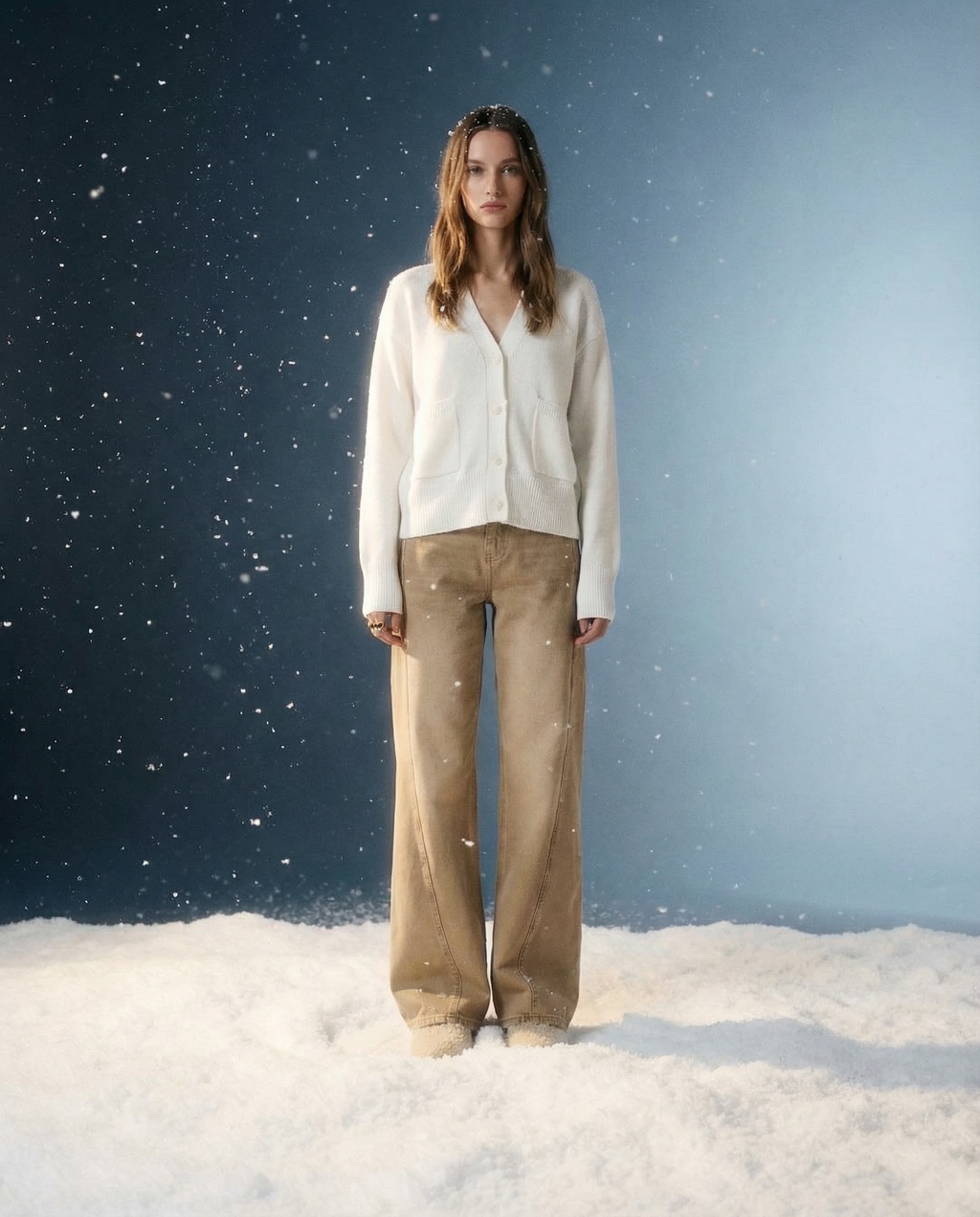 Wide-Leg Beige Jeans with Front Seam