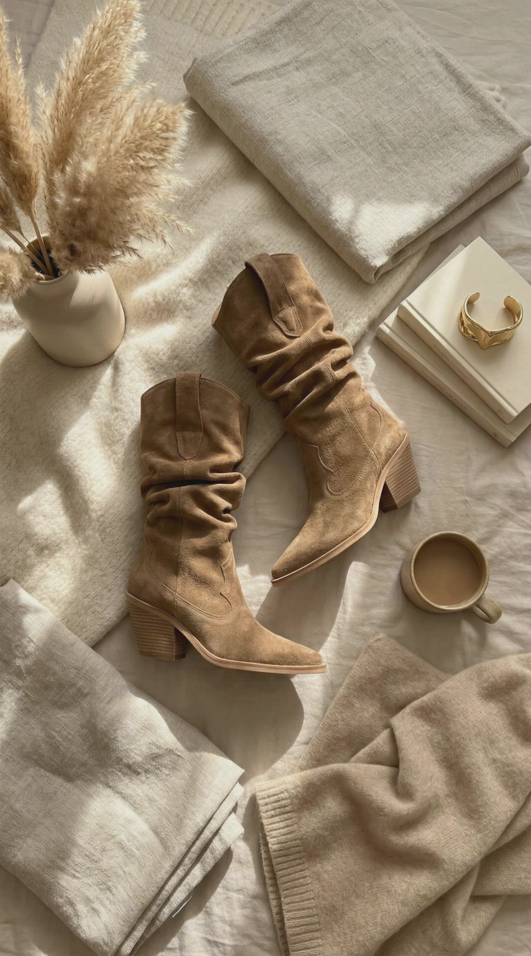 SANDRA Suede Cowboy Boots — Beige