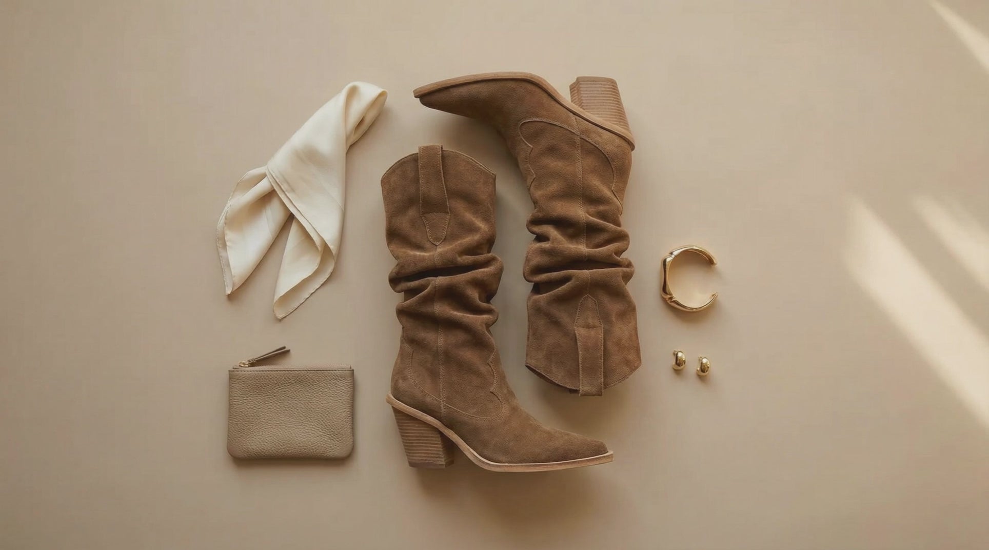 SANDRA Suede Cowboy Boots — Beige