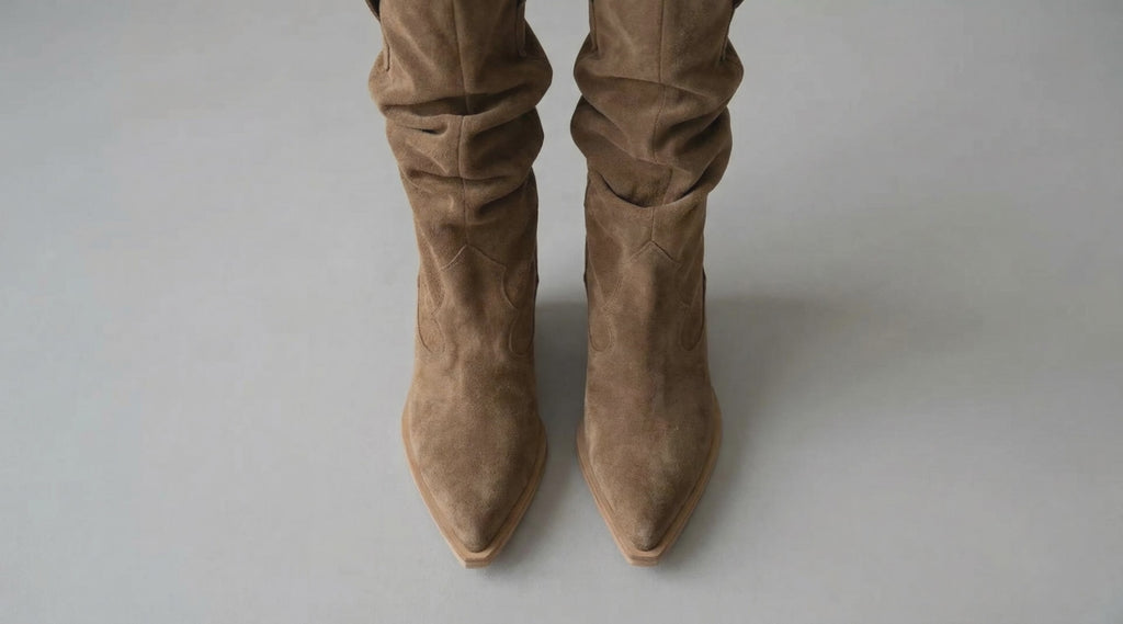 SANDRA Suede Cowboy Boots — Beige